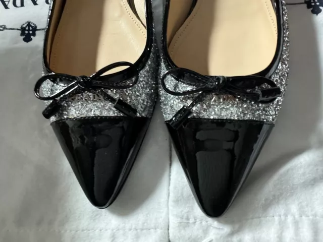 PRADA point toe flats shoes sparkle glitter black trim 38 EURO size. NEW 2