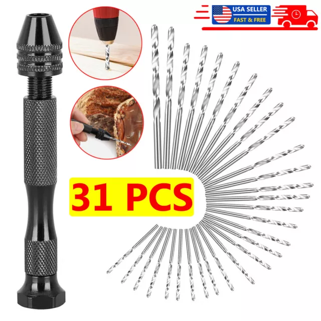 31Pcs Mini Micro Vise Rotary Chuck Pin Hand Drill Bits Small Manual Keyless Set