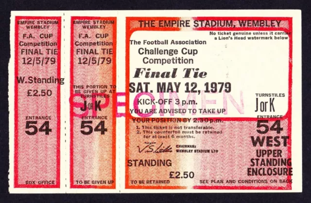 1979 FA Cup Final ARSENAL v MANCHESTER UNITED Unused Ticket With 2 Counterfoils