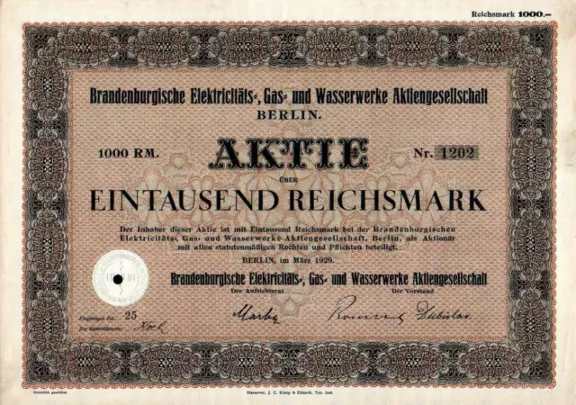 Lot 10 X Brandenburgische Elektricitäts-, Gas- und Wasserwerke AG 1929 1000 RM