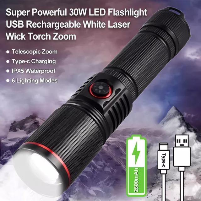 Super Powerful 30W LED Flashlight USB Rechargeable White Laser Wick Torch Zoom