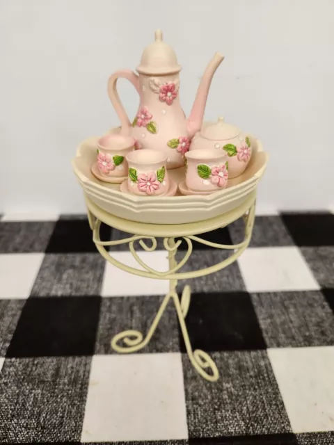 Vtg Heritage Signature Porcelain Doll Pink Tea Party Figurine and Metal Table