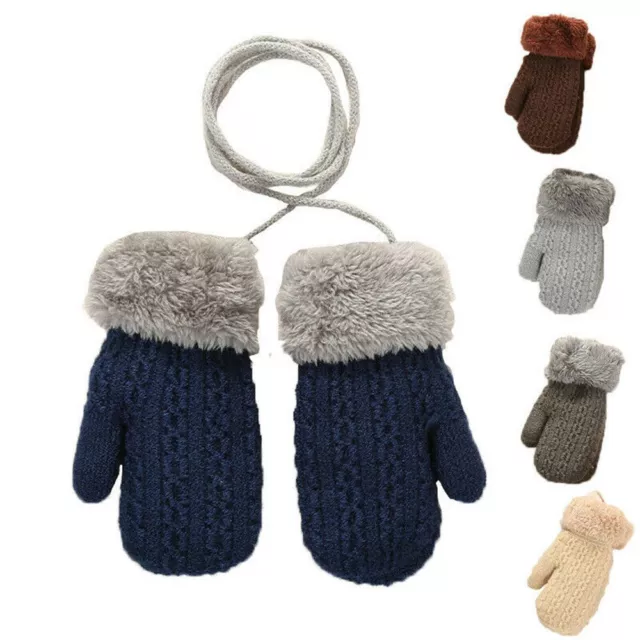 Toddler Baby Winter Warm Knitted Gloves Mittens with Neck String For 1-4 Years