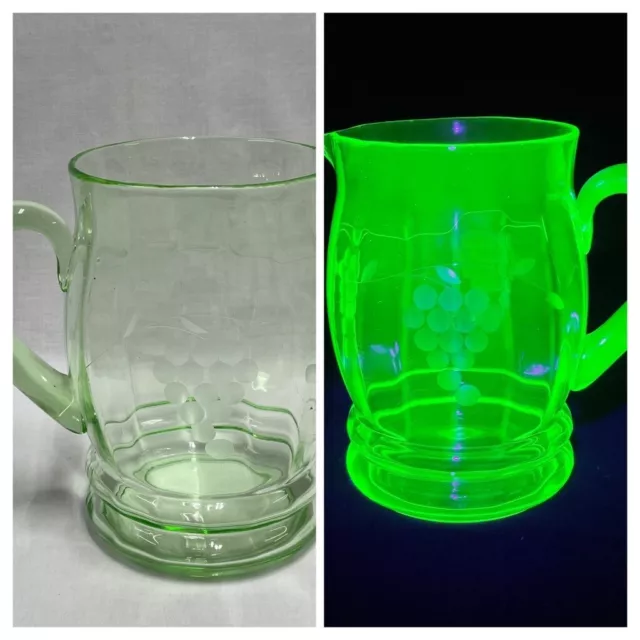 Green Uranium Depression Glass Pitcher 7.75” Tall Etched Grape