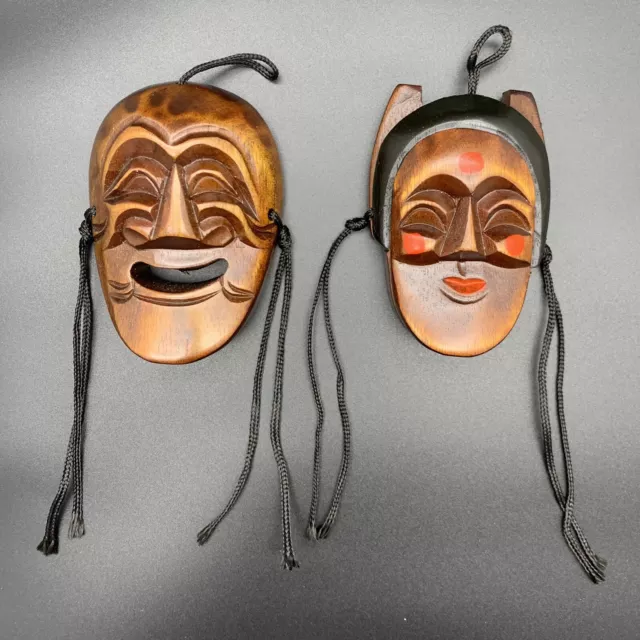 PAIR Korean HAHOE MASKS - Hand Carved Wood FOLK ART THEATER Yangban Bune NEW