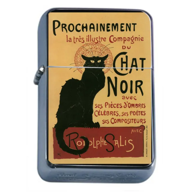 Silver Flip Top Oil Lighter Vintage Poster D 51 Cat Chat Noir