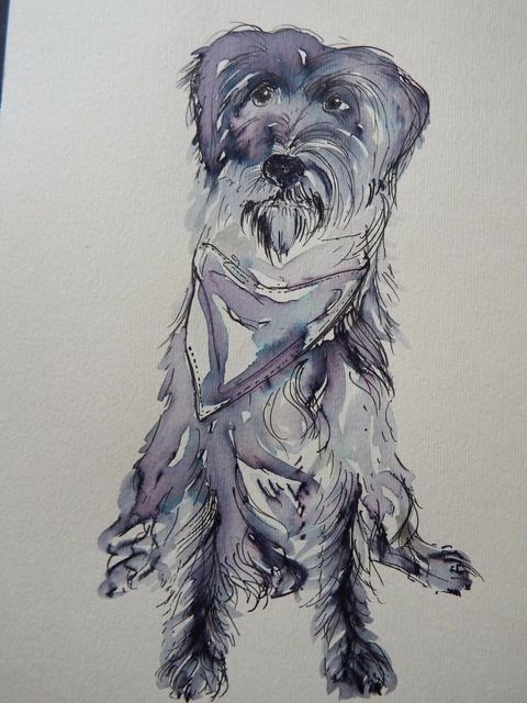 Original pen & ink wash drawing of a dog on cream paper