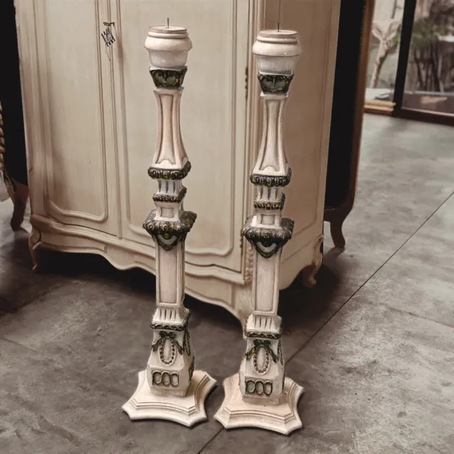 Pair of Carved Solid Timber Floor Standing Aged Gold Gilt Candle Holders 124cmH