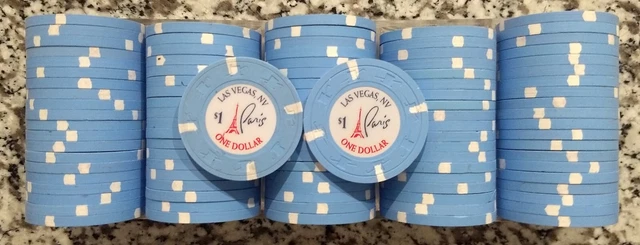 (100) Paris Casino Hotel Las Vegas. $1 poker gaming chips. Paulson top hat cane.