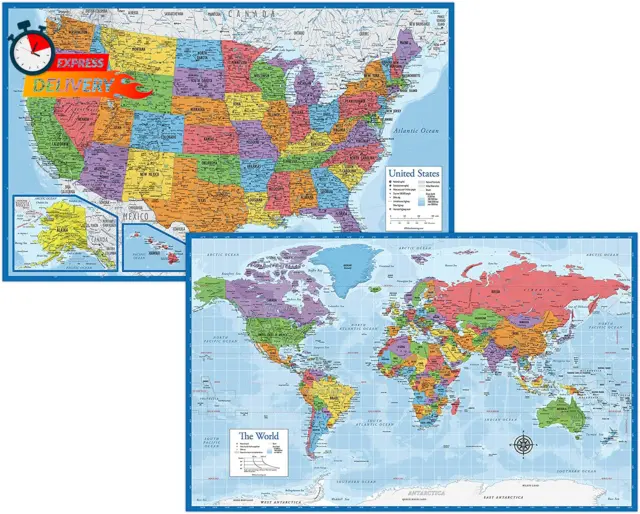 Laminated World Map & US Map Poster Set - 18" X 29" - Wall Chart Maps of the Wor