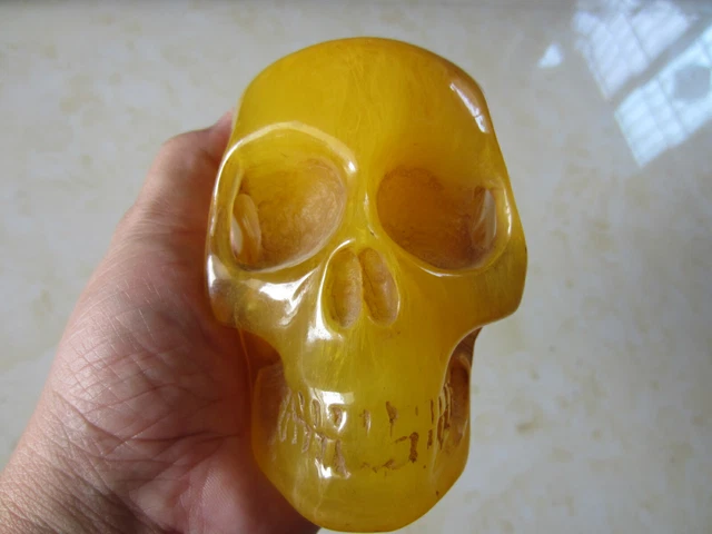 4.34" Old Burmese Amber yellow Carved Crystal Skull, Realistic, Crystal Healing