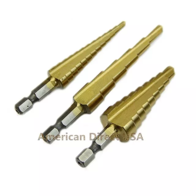 3Pcs Set Steel Titanium Nitride Coated Step Drill Bit Quick Change 1/4" Shank