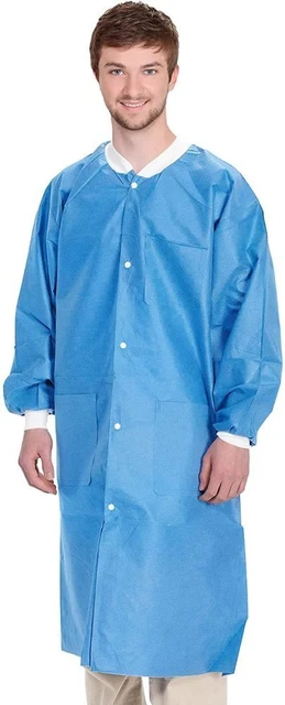 Disposable Lab Coats 41 Long. Pack of 10 Medical Blue Adult Work Gowns Small.