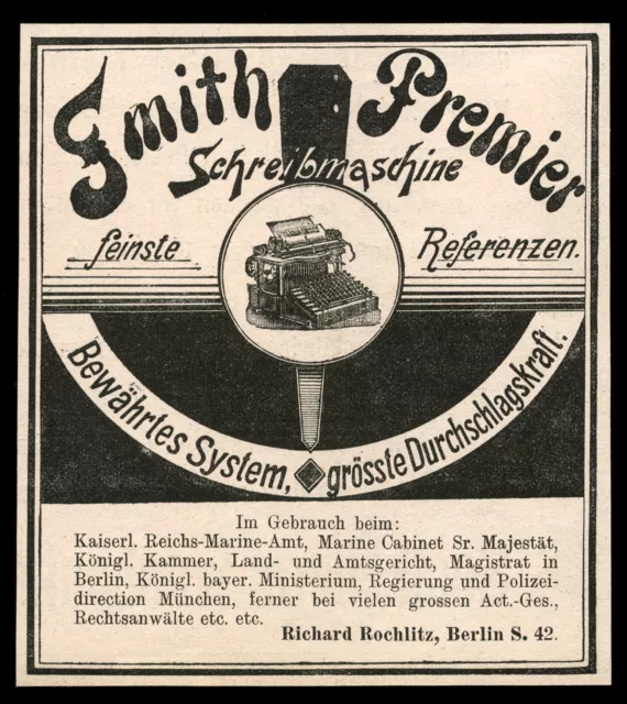 Alte Reklame Werbung 1900 Smith Premier (2) Typewriter Co. Schreibmaschine