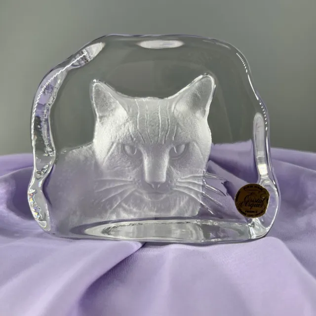 Cat Paperweight Cristal d’Arques Lead Crystal Glass Reverse Embossed France Ice