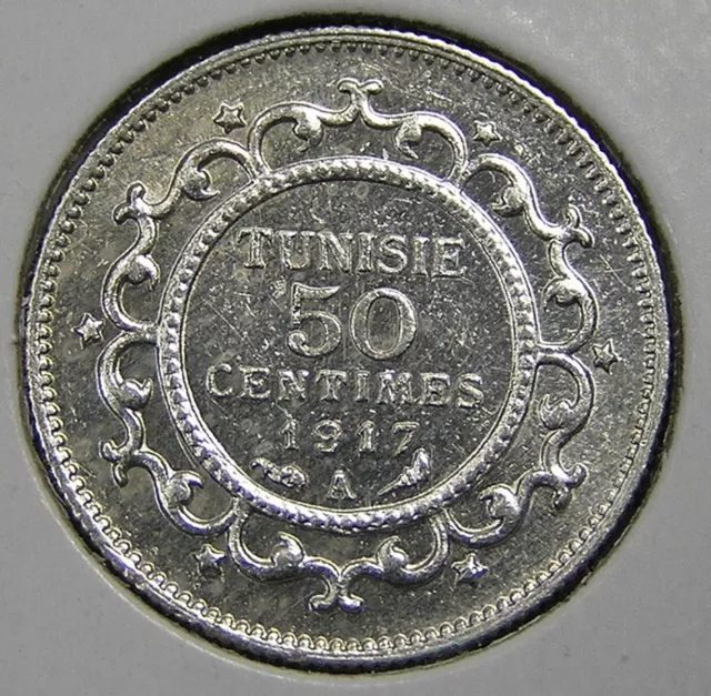 Tunisia 50 Centimes .835 Silver Coin, 1917-A AH-1335, Muhammad al-Nasir