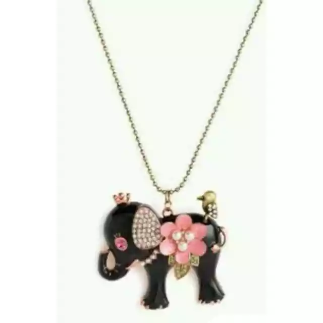 * Betsey Johnson Black Enamel Elephant Trunk Up  Pendant Gold Tone Necklace