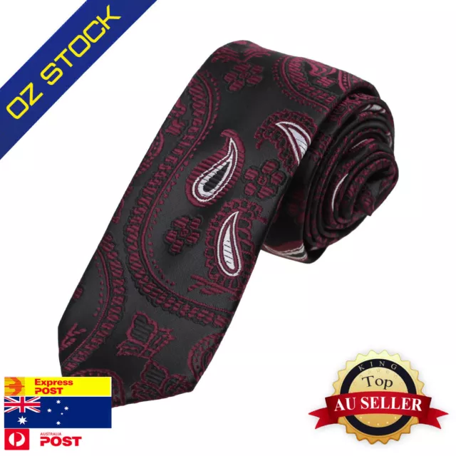 Dan Smith DAE7B14F Black Mens Skinny NeckTie Red Wine Paisley Classy Slim Tie