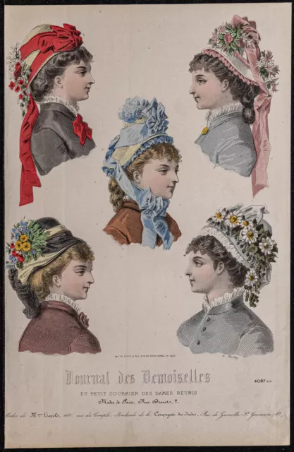 1877 - Gravure de mode - Journal des demoiselles - Profils - Chapeaux couleurs