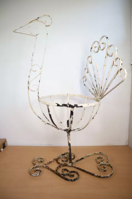 Vintage Wrought Iron Peacock Plant Stand Outdoor Flower Pot Basket Holder Rustic