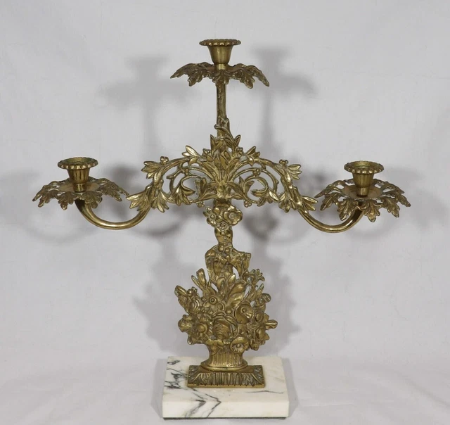 Antique Brass Girandole Candelabra Triple Candles Marble Base Floral Vintage Wow