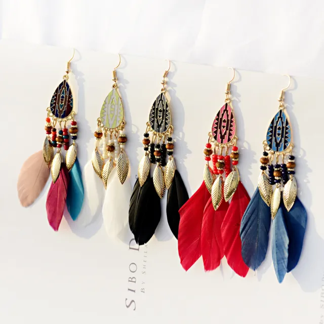 Vintage Bohemian Boho Multi-color Feather Leaf Tassel Dangle Drop Women Earrings