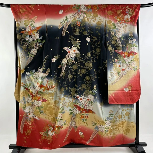 JAPANESE KIMONO FURISODE LONG SLEEVES LADIES WOVEN SILK 100% GOLD COLOR 159cm