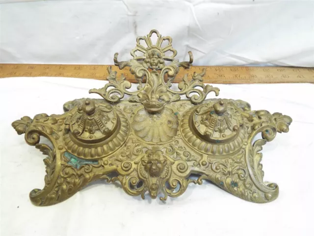 Vintage Art Nouveau Brass & Glass Double Cup Inkwell Dip Pen Holder Ornate