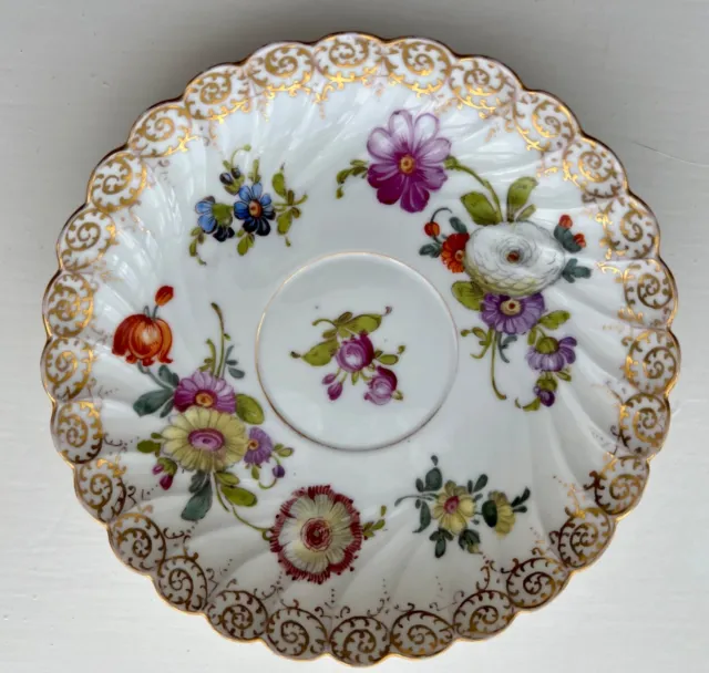 Antique Dresden - Hand Painted Flowers - Porcelain Spiral Fluted Saucer Gold