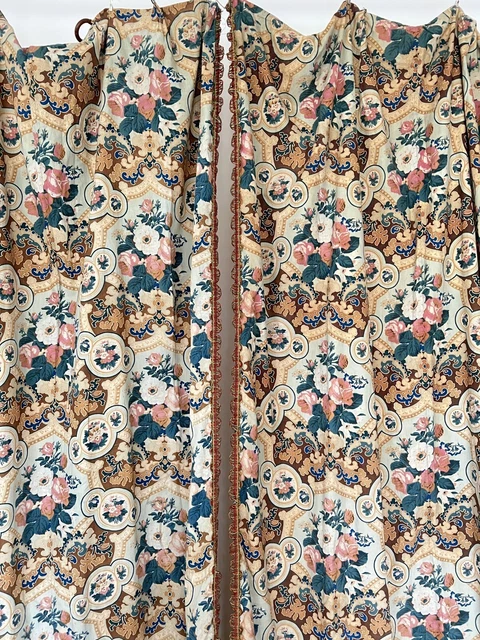 Pair antique French FLORAL CURTAINS large scale ROSES medaillons BACKED c1900