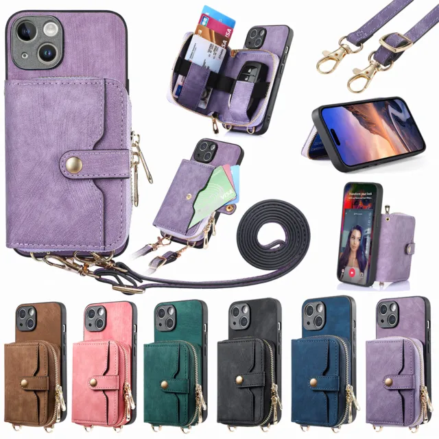 For iPhone 14 Pro Max 13 12 11 8 7 X Strap Lanyard Zipper Crossbody Wallet Case