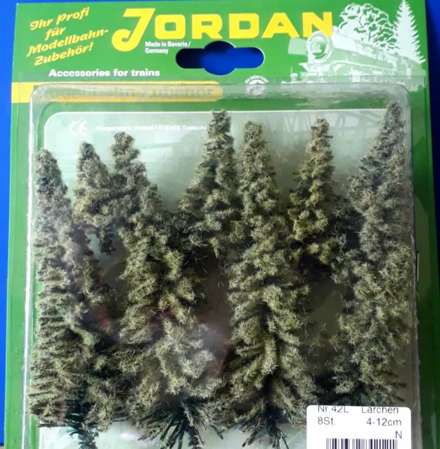 Eight N scale larch (fir) trees various sizes 4 to 12cm high by Jordan code 42L