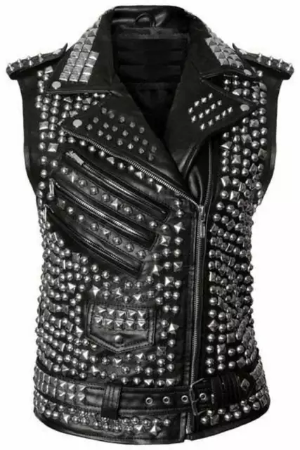 Women Black Fashion Full Silver Studded Sleeveless Biker Leather Motorcycle Vest