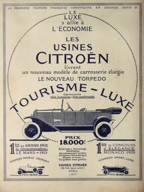 Publicité De Presse 1921 Automobiles Citroën Le Torpedo Tourisme Luxe