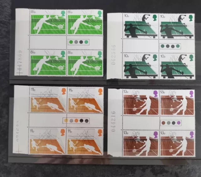 GB 1977 Racket Sports Traffic Light Gutter Pairs Blocks of 4 + Sheet No's - MNH