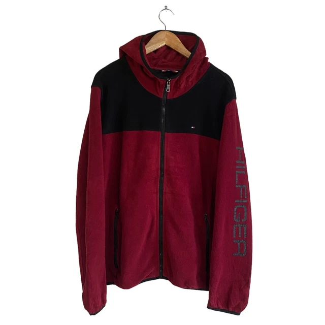 Tommy Hilfiger con cappuccio cerniera intera manica lunga in pile rosso nero taglia XL