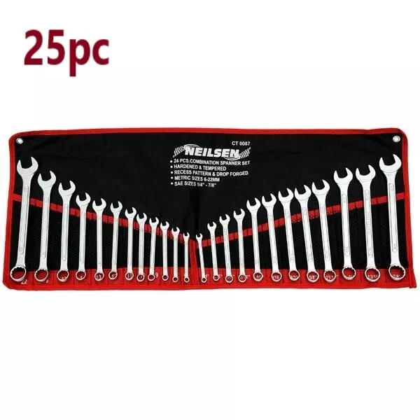 25Pc Combination Spanner Wrench Set Metric Af Imperial Ring Open In Case Ct0087