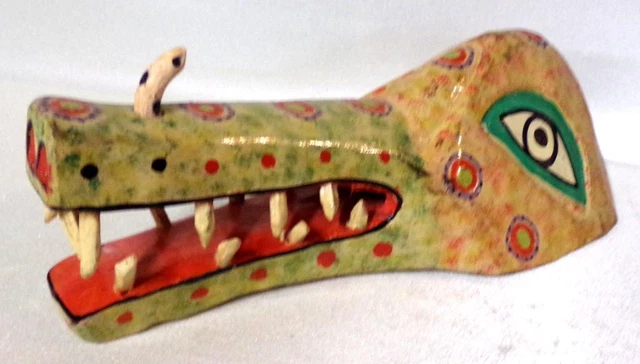 Hand Carved Painted Zoomorphic Crocodile Wood African Guatemalan Folk Art Mask