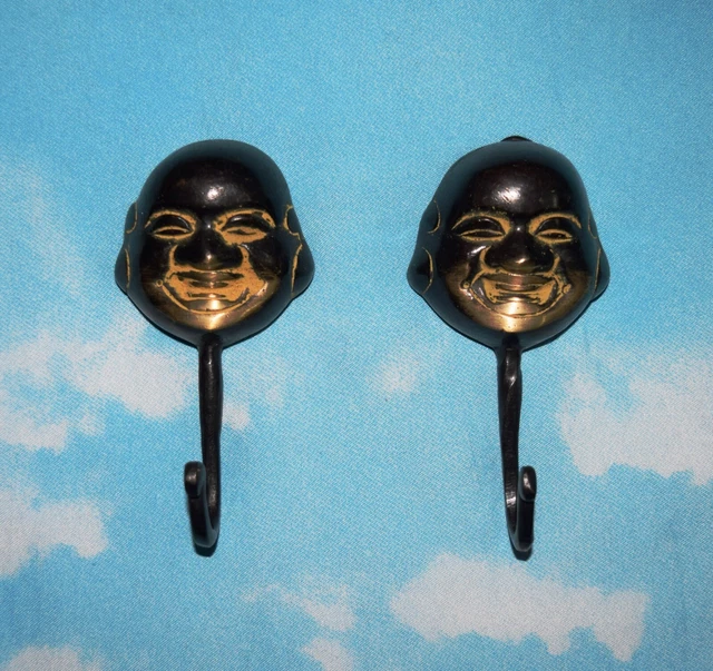 Brass Coat Clothes Hanger Laughing Buddha Face Wall Decoration Pair Hook CA65
