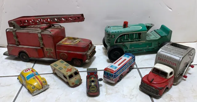 Lot 12 Vintage Tin Toys:Marx Tractor-Japan-Fire Engine-VW -Sanitation Truck