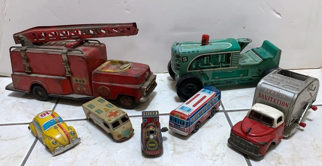 Lot 12 Vintage Tin Toys:Marx Tractor-Japan-Fire Engine-VW -Sanitation Truck Lot 12 Vintage Tin Toys:Marx Tractor-Japan-Fire Engine-VW -Sanitation Truck