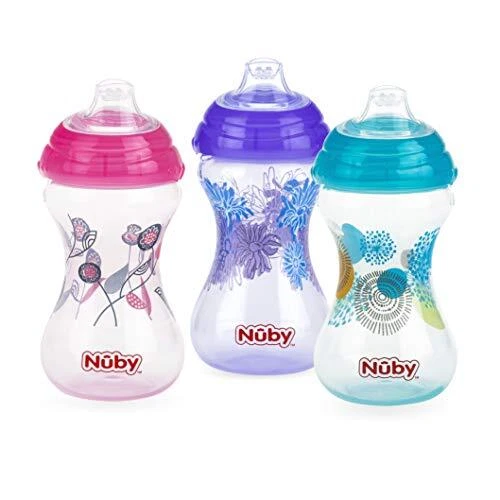 Nuby Polypropylene 3pk No Spill "Pinpoint" Soft Spout Clik-It Girl 10 Oz
