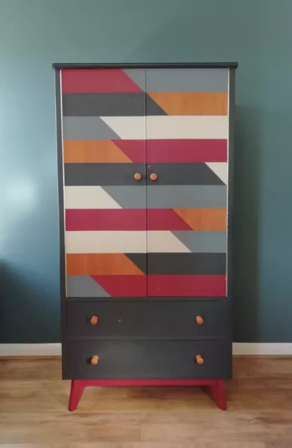 Compact hand-painted mid-century wardrobe by Morris of Glasgow with 2 drawers
