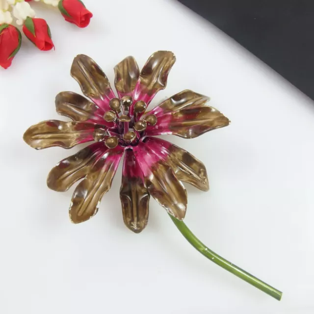 Vintage Retro Brown & Pink tone Flower BROOCH Metal Enamel - Layered petals