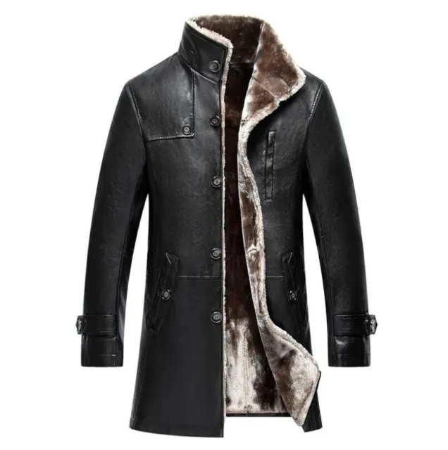 Mens Real Leather Coat Winter Long Plush Thick Jackets Overcoat Casual Outwear