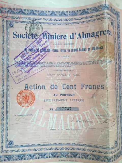 3 Actions SOCIETE MINIERE D'ALMAGRERA 1908 achat possible à l'unité
