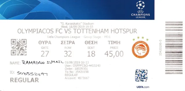 TICKET: Olympiacos v Tottenham (UEFA Champions League) 2019/2020