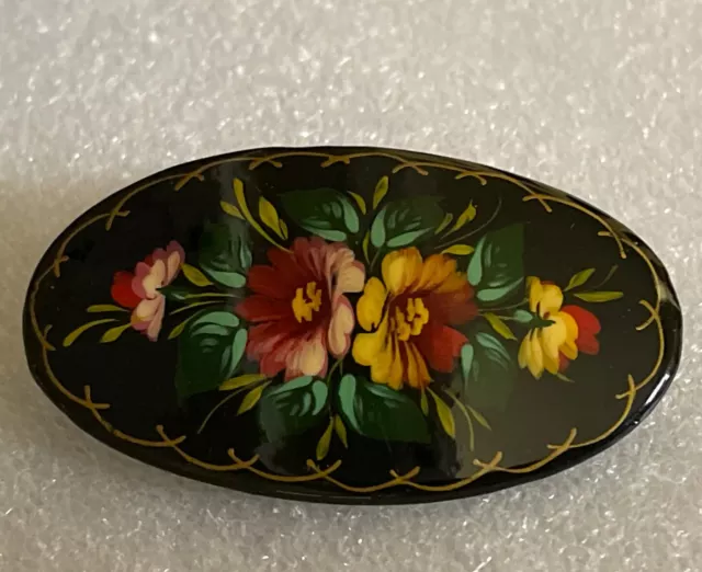 RUSSIAN BLACK LACQUER Oval BROOCH HAND PAINTED Artist Signed VICTORIAN Mourning