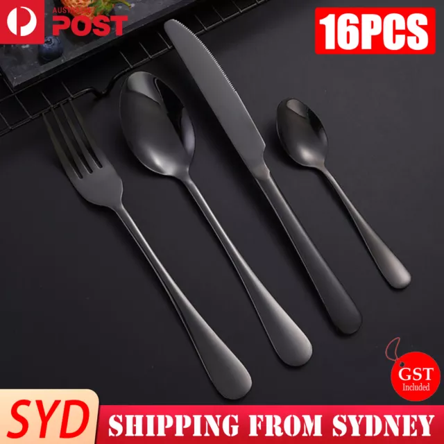 16PCS Stainless Cutlery Set Steel Spoon Fork Knife Tablespoons Teaspoons Black