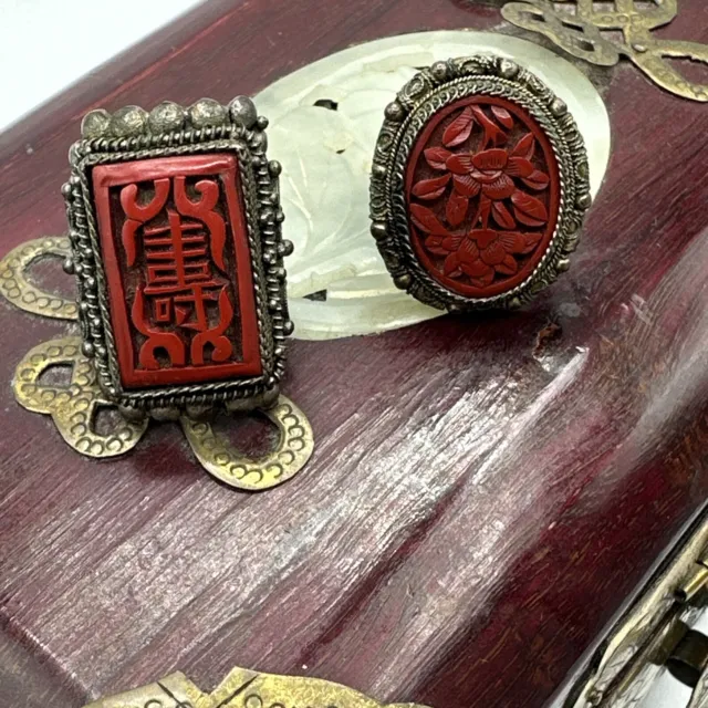 Antique CINNABAR CHINESE ring on copper Set Of 2 Rings #392